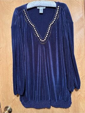 Cathy Daniels Navy Blue V-Neck Top with Gold Stud Accents 2XL